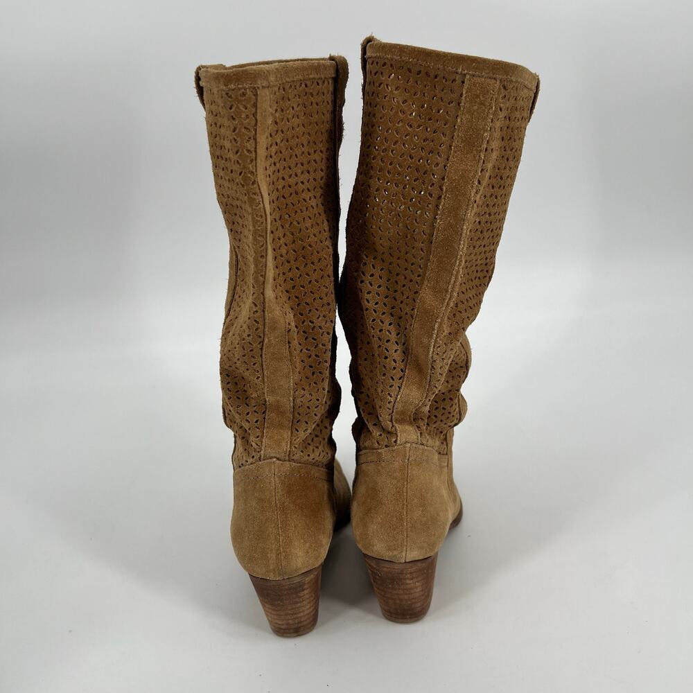 Perforated Tan Suede Leather Boots Womens EU 36 US 6 Slouchy Mid Calf Spain READ - Picture 3 of 9